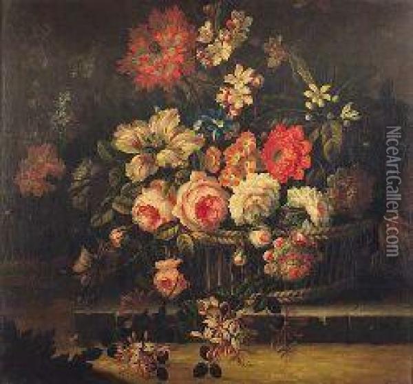 A Still Life Of Assorted Flowers In A Wicker Basket Oil Painting - Pieter Casteels