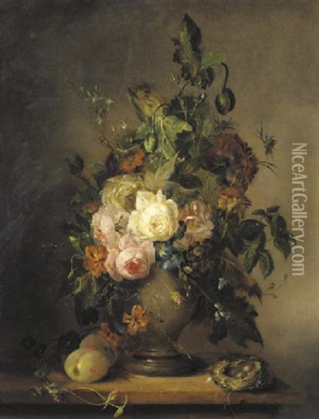 Roses, Tulips And Other Flowers In A Vase With Plums And A Bird's Next On A Wooden Ledge Oil Painting - Francois Joseph Huygens