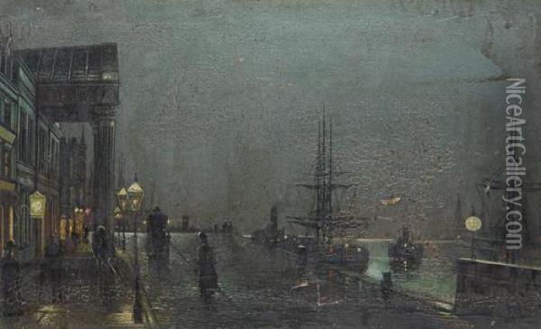 Moonlit Port Scene Oil Painting - Wilfred Jenkins