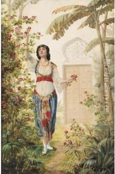 < Jeune Femme Du Harem Cueillant Des Roses >. Oil Painting - Edouard Letourneau