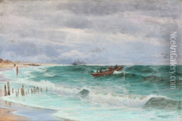 Lifeboats Are Launched From The Shore Oil Painting - Holger Luebbers