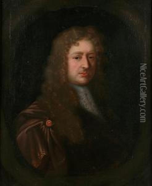 Portrait Of A Gentleman, Bust Length, Wearing Long Brown Wig And Robes, In Painted Oval Oil Painting - John Riley