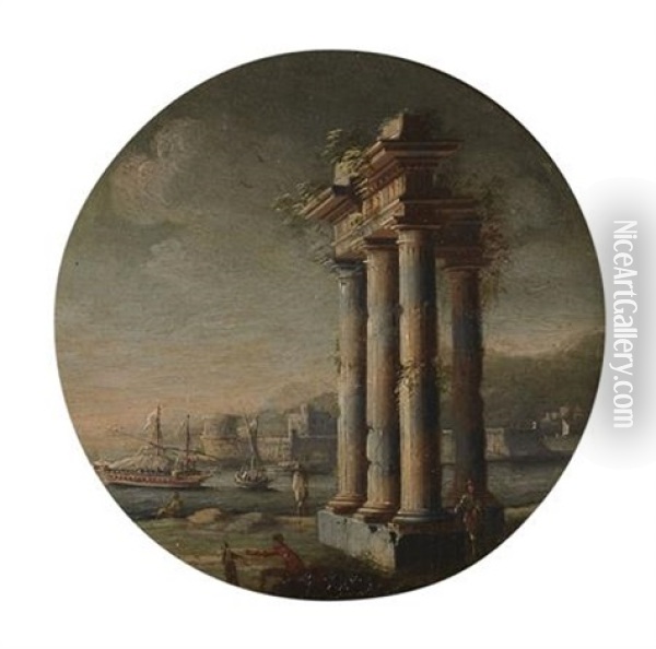 A Capriccio Scene With Boats Entering A Harbour Past Ruined Colonnade; And Companion Piece (2 Works) Oil Painting - Orazio Grevenbroeck