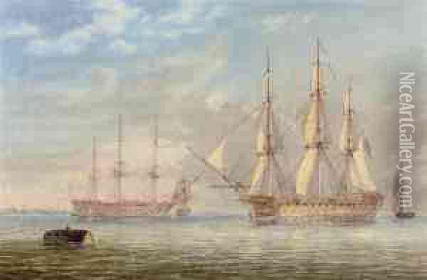 Royal Naval Warships Lying In Spithead Oil Painting - William Joy