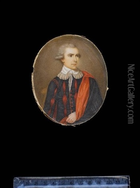 Col. Thomas William Boyce, Wearing Black Doublet Slashed To Reveal Red Lining, With Red Buttons And White Lace Falling Collar, A Black Cloak Lined With Red Over His Left Shoulder Oil Painting - Ozias Humphry