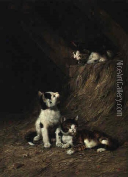 Drei Katzen Auf Dem Heuboden Oil Painting - Julius Adam the Younger