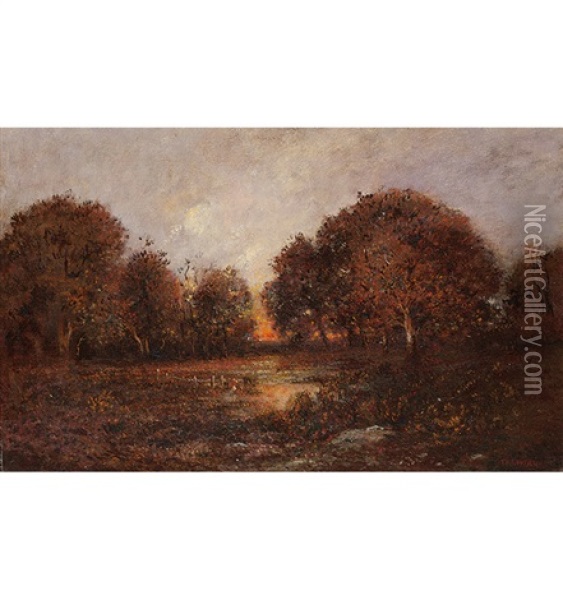 Baumbestandene Teichlandschaft Im Abendrot Oil Painting - Theodore Rousseau