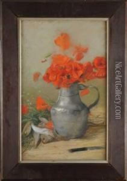 Bouquet De Coquelicots Et Poissons Sur Un Entablement Oil Painting - Ernest Ange Duez