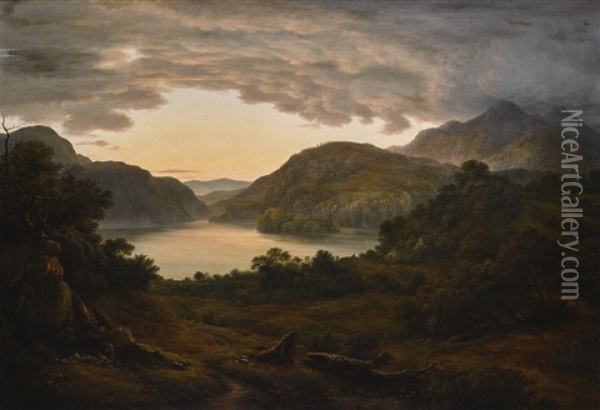 View Of Ullswater From Gowbarrow Fell - Evening Oil Painting - John Glover