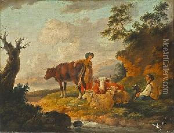 A Milkmaid And A Shepherd With His Flock And Cattle In An Extensive Landscape Oil Painting - Peter La Cave