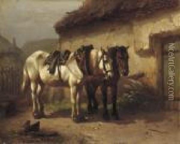 Working Horses Near The Stable Oil Painting - Wouterus Verschuur