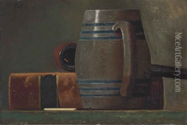 Salt-glazed Mug, Book, Pipe And Match Oil Painting - John Frederick Peto
