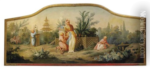 A Chinoiserie Scene With A Woman And Children In A Garden, A Temple Beyond Oil Painting - Jean Baptiste Pillement