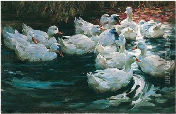 Heimwerts-enten Auf Einem Teich (homeward Bound-eleven Ducks On A Pond) Oil Painting - Alexander Max Koester