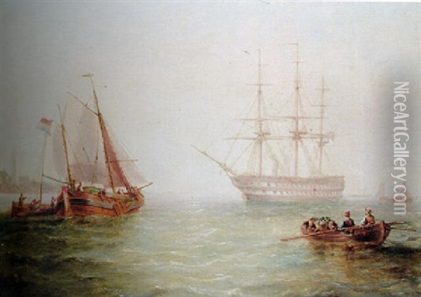 A Royal Navy Screw-powered Two-decker Arriving Off An East Coast Port Oil Painting - John Wilson Carmichael