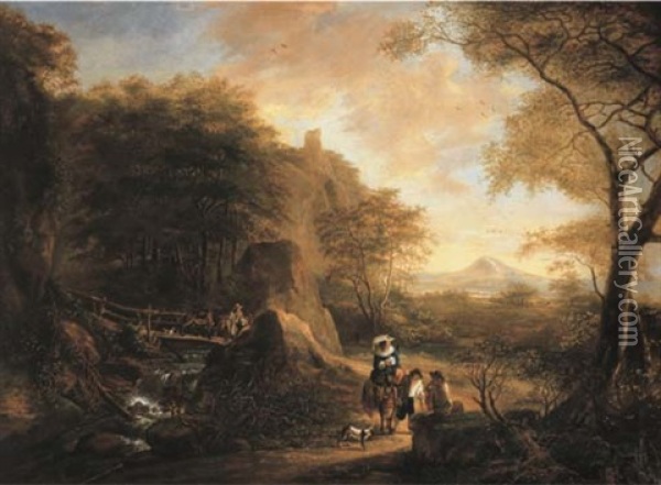 An Italianate Landscape With An Elegant Lady Travelling On A Path At The Edge Of A Wood, Other Travellers On A Bridge Beyond Oil Painting - Jan Dirksz. Both