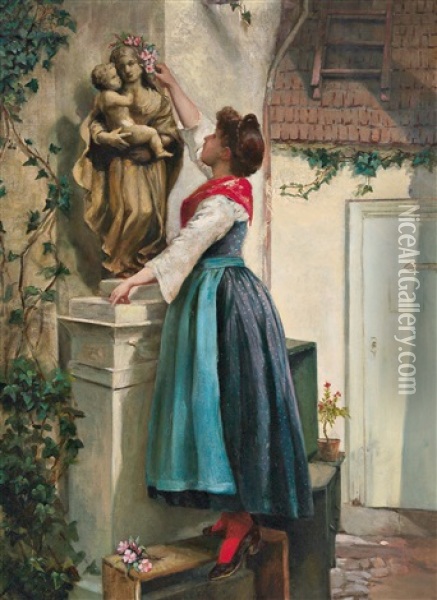 Blumenschmuck Fur Die Marienstatue Oil Painting - Josef Kinzel