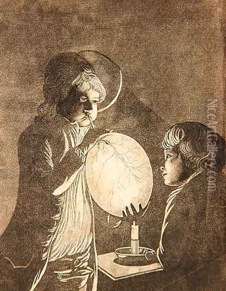 Two Boys Blowing a Bladder by Candlelight, aquatinted by Peter Perez Burdett (1735-93) Oil Painting - Josepf Wright Of Derby