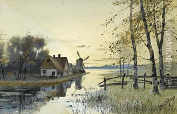 A Dutch River Landscape Oil Painting - Tinus De Jong