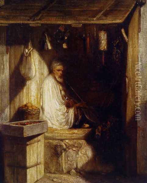Turkish Merchant Smoking in His Shop 1844 Oil Painting - Alexandre Gabriel Decamps