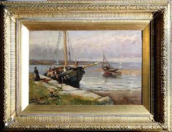 A Fishing Port At Low Tide Oil Painting - William Bradley Lamond