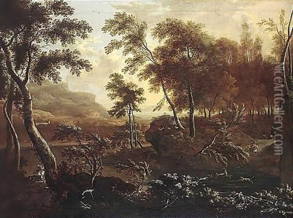A Wooded Landscape With A Hunting Party At The Edge Of A River Oil Painting - Frederick De Moucheron