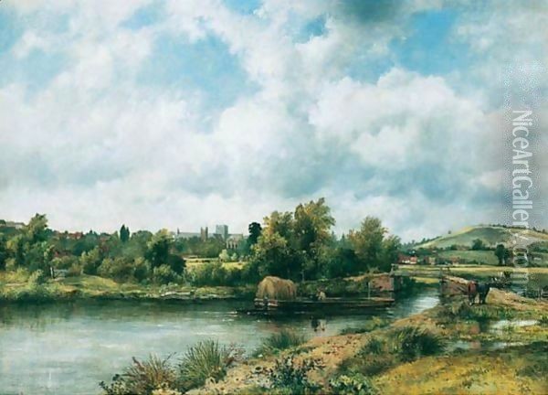 A View Of Winchester From The River Itchen, With A Hay Barge In The Foreground And The Cathederal And St.Catherine's Hill Beyond Oil Painting - Frederick Waters Watts