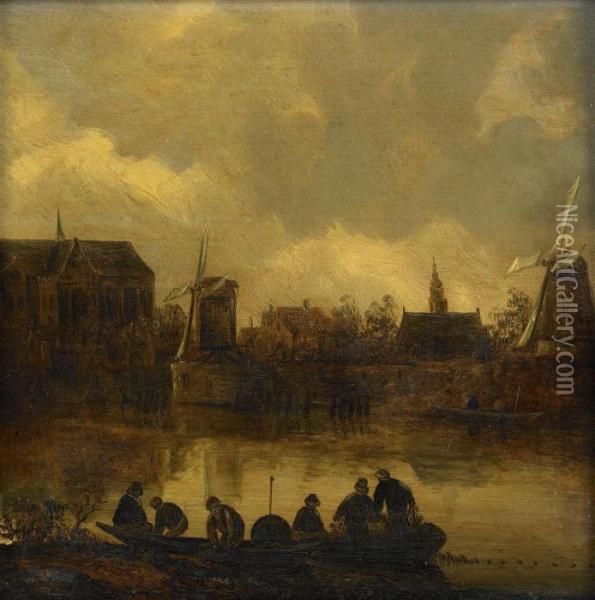 Kanalscen Med Figurer I Bat Oil Painting - Cornelis Symonsz. Van Der Schalcke