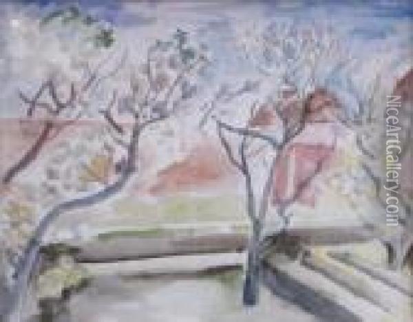 Walled Orchard. Oil Painting - Bernard Meninsky