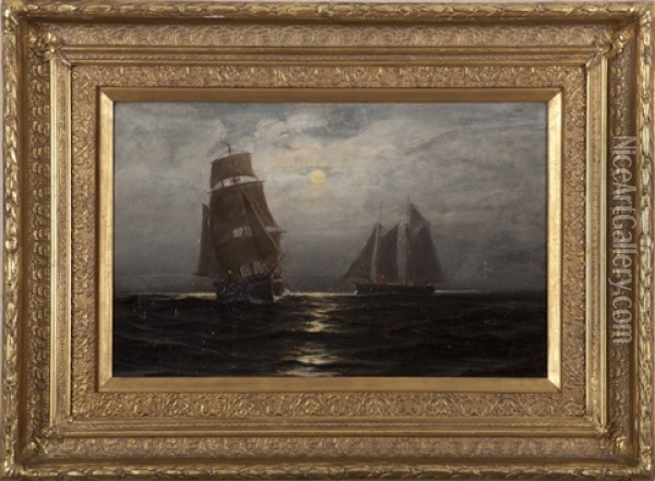 Moonlight Scene Of A Ship And A Schooner At Sea Oil Painting - Robert Pearson