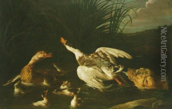 A Hunting Dog Pursuing Water Fowl In A Stream Oil Painting - Alexandre Francois Desportes