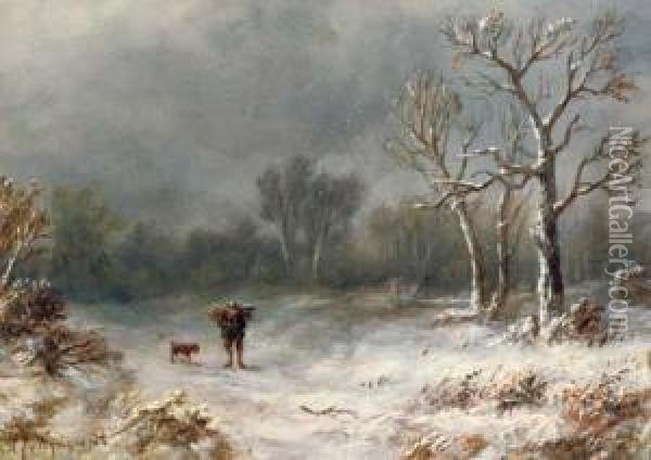 A Villager And His Dog In A Winter Landscape Oil Painting - Anthonie Jacobus Van Wyngaerts