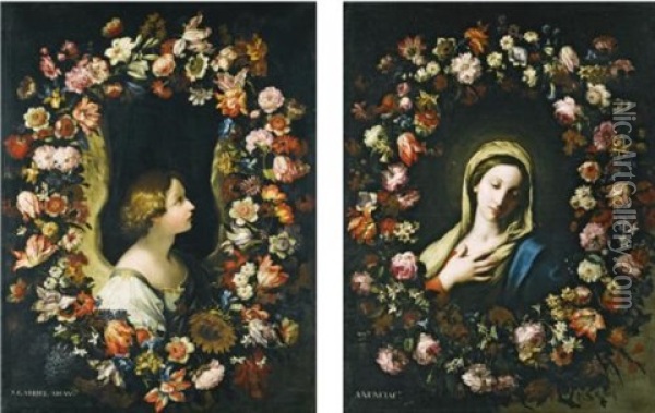 A Flower Garland Surrounding The Angel Gabriel; A Flower Garland Surrounding The Virgin Annunciate (2 Works) Oil Painting - Francesco Mantovano