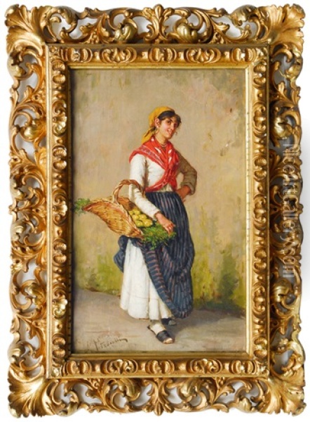 Young Italian Woman With A Basket Oil Painting - Arturo Petrocelli