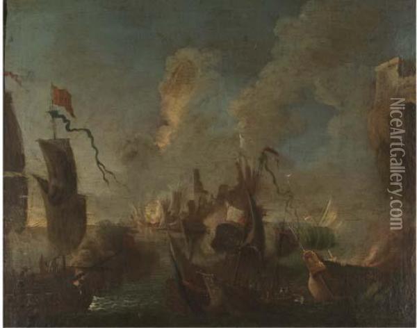 Scenes De Batailles Navales Oil Painting - Adrian Van De Velde