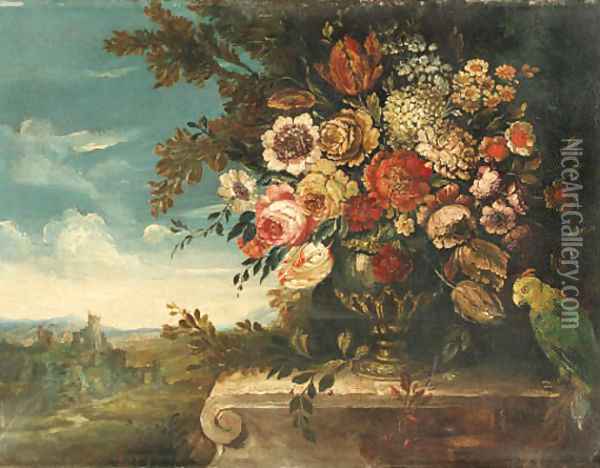 An Urn of Flowers and a Parrot on a Ledge before a Landscape Oil Painting - Italian School