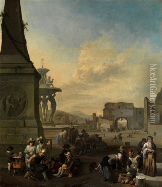 Markttreiben Auf Der Piazza Del Popolo In Rom Oil Painting - Johannes Lingelbach