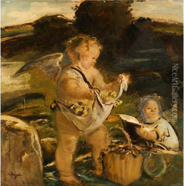 Zwei Geflugelte Putten In Einer Landschaft Oil Painting - Adolf Hengeler