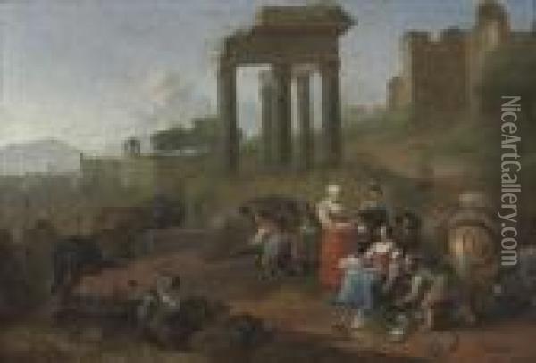 An Italianate Landscape With Peasants At A Market By Classical Ruins Oil Painting - Hendrick Mommers