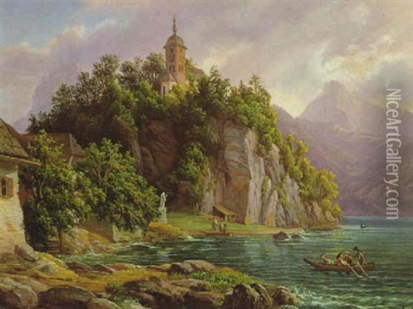 Parthie Von Traunkirchen Am Gmundner See Im Salzkammer Gute Oil Painting - Anton Schiffer