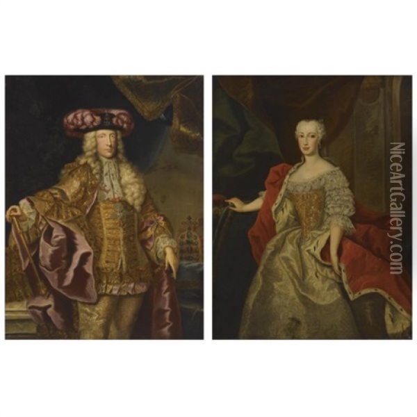 Portrait Of The Emperor Charles Vii (+ Portrait Of Maria Amalie Josefa Anna, Archduchess Of Austria; Smllr; Pair) Oil Painting - Johann Gottfried Auerbach