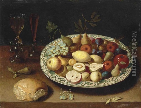 Pears, Grapes, Lemons, Apples And Other Fruit In A Ceramic Bowl, With Facon-de-venise Glasses Filled With Wine And Bread On A Ledge Oil Painting - Osias Beert the Elder