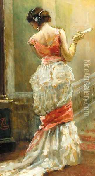 Portrait of a lady, full-length, in a white dress, holding a fan, by a staircase Oil Painting - Albert Ludovici