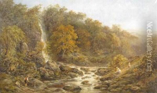 Fishing By The Waterfall At Pistyll Rhaeadr, Wales Oil Painting - John Joseph Hughes