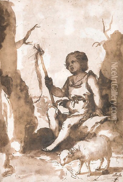 The Infant Baptist seated on a rock with a lamb Oil Painting - Bartolome Esteban Murillo