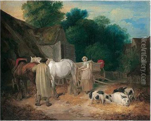Farmyard Scene With Horse And Cart And Pigs Oil Painting - Francis Wheatley