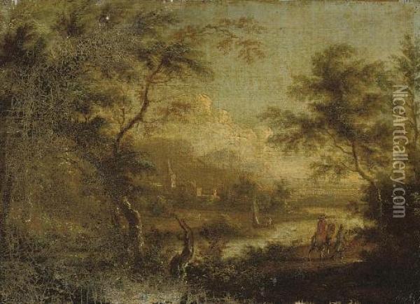 A Wooded River Landscape With Travellers On A Track, A Village Beyond Oil Painting - Dirck Dalens II