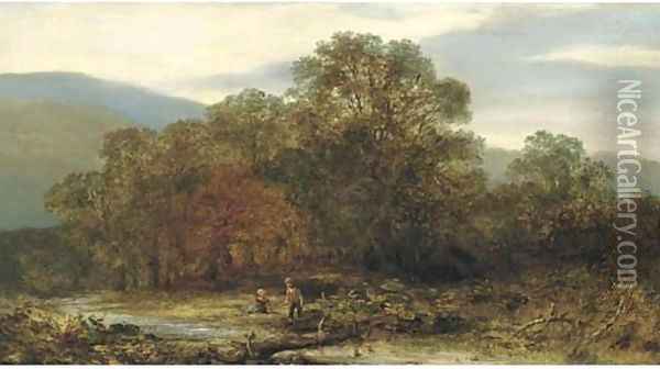 Two children playing in a river landscape Oil Painting - English School