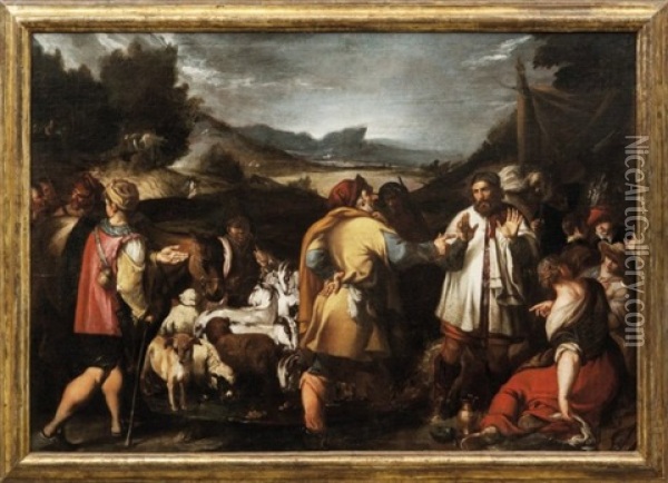 Labano Raggiunge Giacobbe Sulla Via Verso Canaan Oil Painting - Pedro Orrente