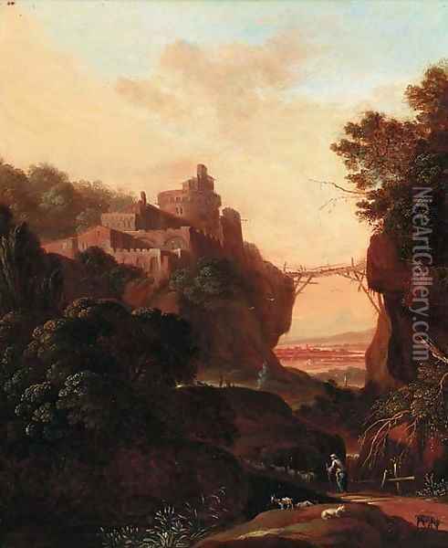 An extensive landscape with a clifftop town over a gorge; and An extensive landscape with figures resting by classical ruins Oil Painting - Cornelis Van Poelenburch